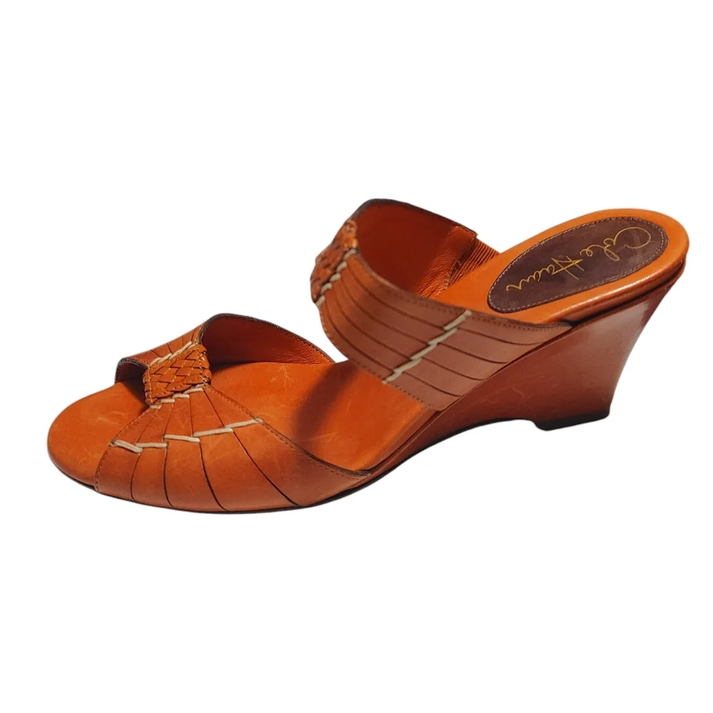 Cole Haan Orange Leather Open Toe Wedge Sandal Slip On Heels Women's Size 8